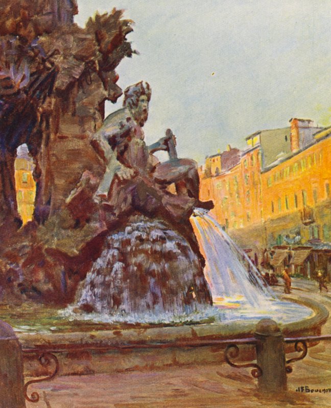 Řím: Piazza Navona, Berniniho fontána (barevná litografie) od Joseph Felix Bouchor