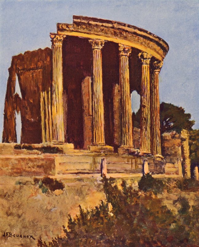 Řím: Tivoli, Chrám Sibyly (barevná litografie) od Joseph Felix Bouchor