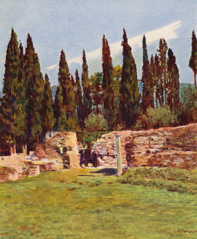 Řím: Villa Hadriana, Sloup řeckého divadla (barevná litografie) od Joseph Felix Bouchor