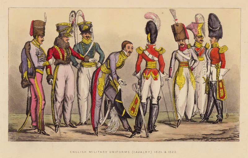 Anglické vojenské uniformy (kavalerie) 1821 a 1822 (kolorovaná rytina) od Joseph Grego