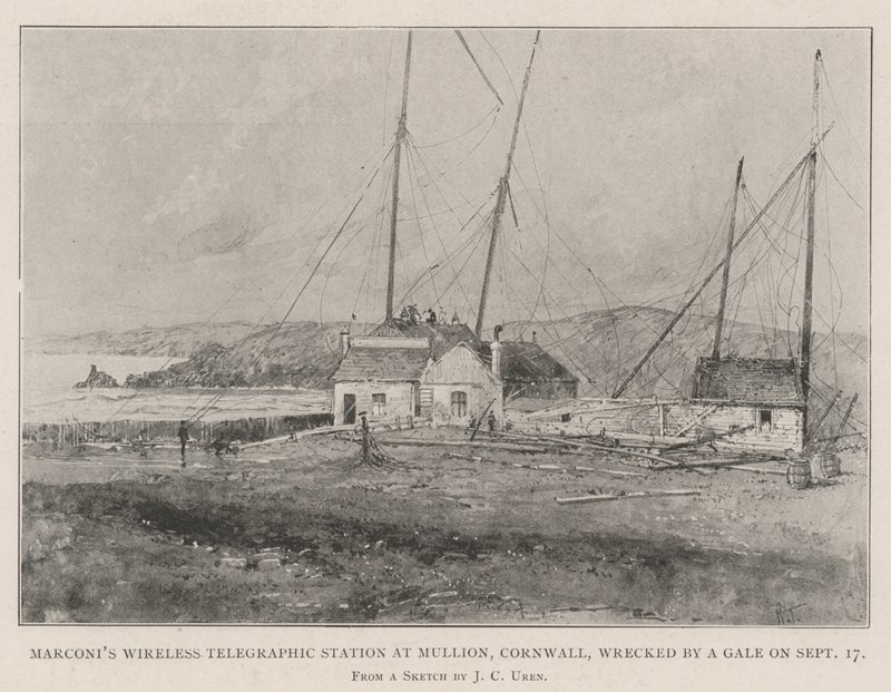 Marconiho bezdrátová telegrafní stanice v Mullion, Cornwall, zničená vichřicí dne 17. od Joseph Holland Tringham