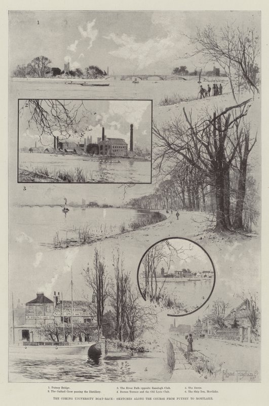 The Coming University Boat-Race, skici podél kurzu z Putney do Mortlake od Joseph Holland Tringham