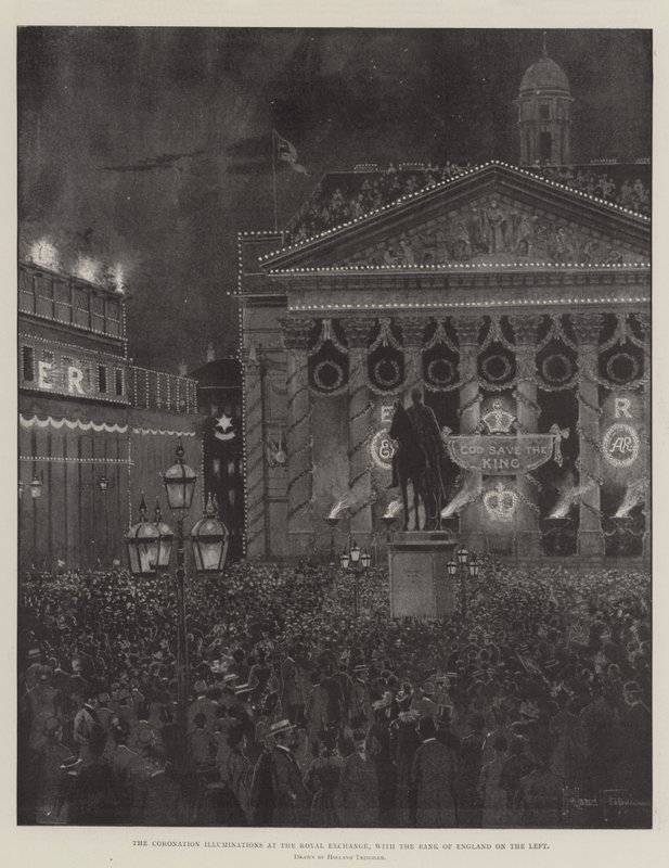 Korunovační iluminace na Královské burze s Anglickou bankou vlevo od Joseph Holland Tringham