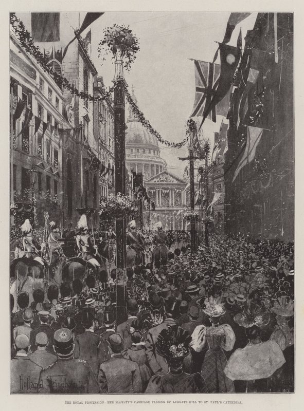 Královský průvod, kočár Jejího Veličenstva projíždějící po Ludgate Hill do katedrály svatého Pavla od Joseph Holland Tringham