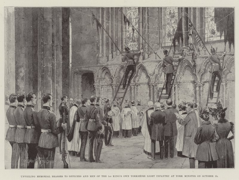 Odhalení pamětních žerdí důstojníkům a mužům 1. královské vlastní yorkšírské lehké pěchoty v York Minster dne 13. října od Joseph Holland Tringham