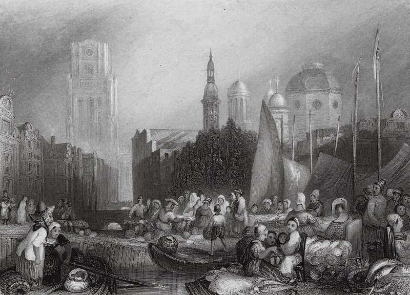 Rybí trh, Rotterdam (rytina) od Joseph Mallord William (after) Turner