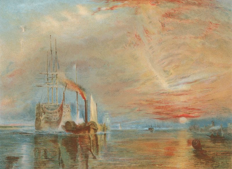 Starý Temeraire přitáhl ke svému poslednímu kotvišti (chromolitho) od Joseph Mallord William Turner
