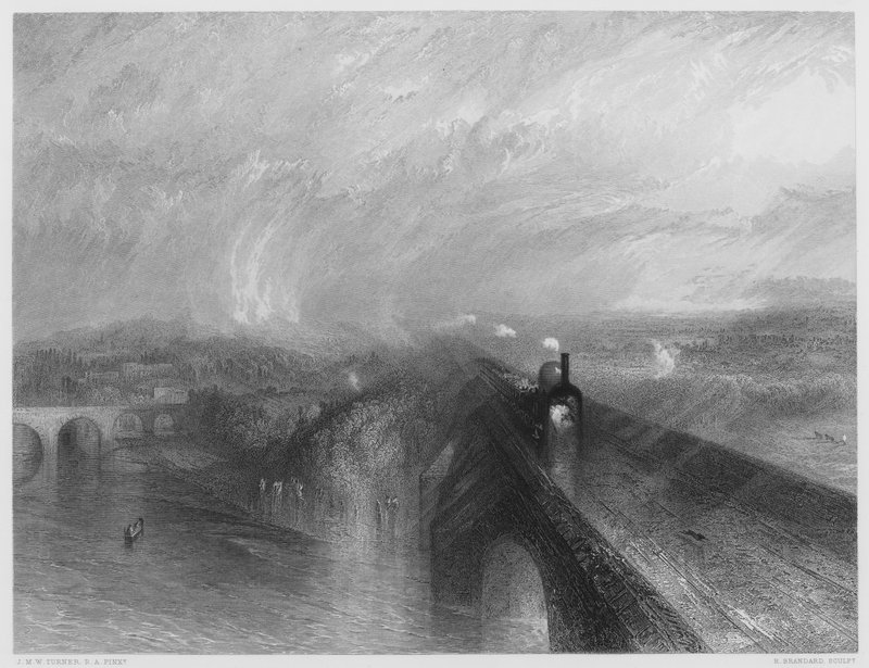 Déšť, pára a rychlost, z obrázku v Národní galerii od after Joseph Mallord William Turner