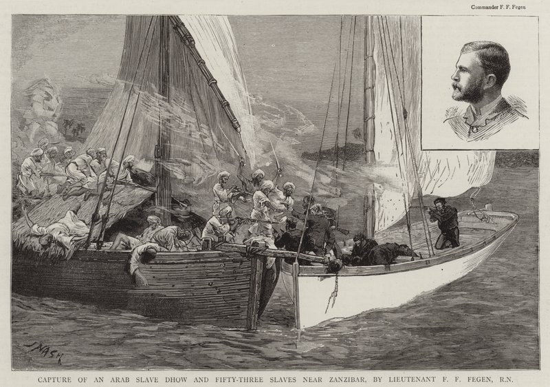 Zajetí arabského otroka Dhow a padesáti tří otroků poblíž Zanzibaru poručíkem F F Fegenem, RN od Joseph Nash