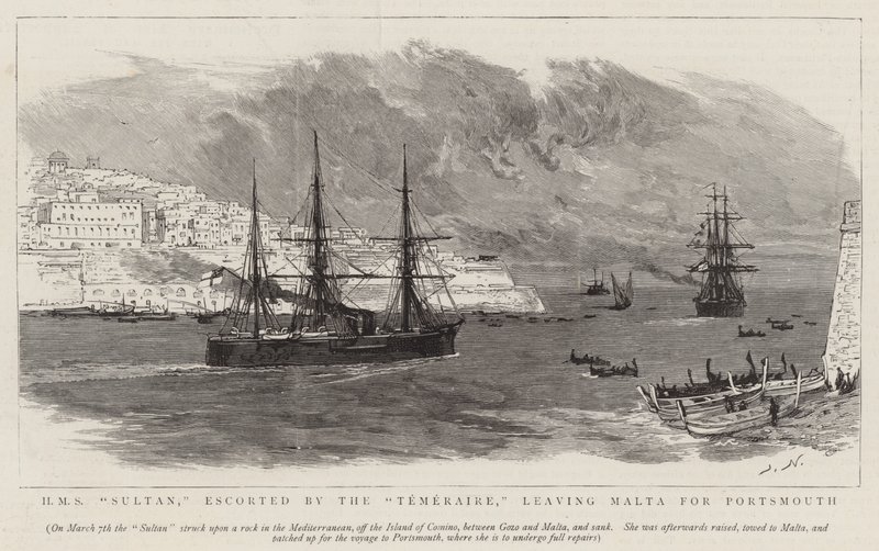 HMS Sultan v doprovodu lodi Temeraire vyplouvá z Malty do Portsmouthu od Joseph Nash