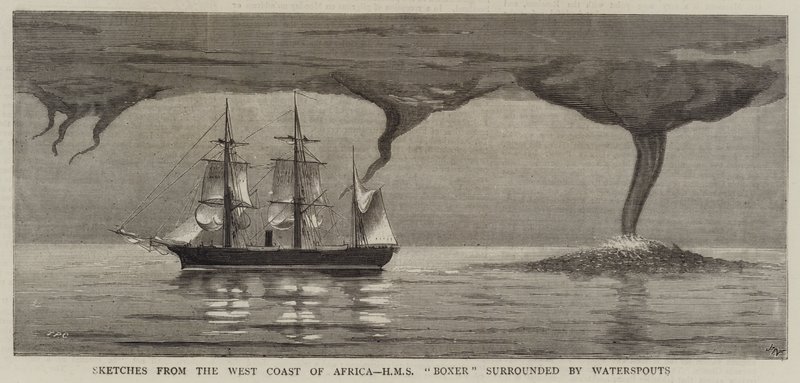 Náčrtky ze západního pobřeží Afriky, HMS Boxer obklopené vodními chrliči od Joseph Nash
