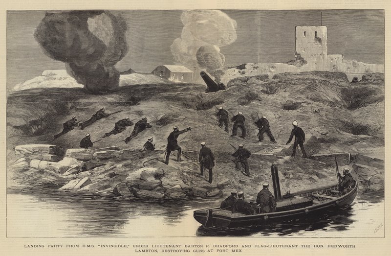 Bombardování Alexandrie, výsadková skupina z HMS Invincible, pod poručíkem Bartonem R Bradfordem a vlajkovým poručíkem ctihodné Hedworth Lambton ničící zbraně ve Fort Mex od Joseph Nash