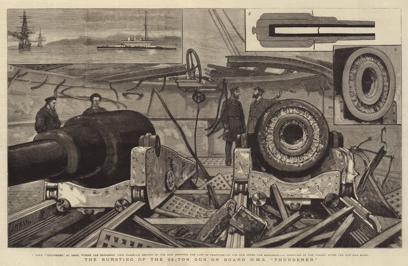 Výbuch 38tunové zbraně na palubě HMS Thunderer od Joseph Nash