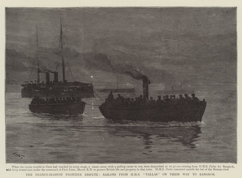 Francouzsko-siamský hraniční spor, námořníci z HMS Pallas na cestě do Bangkoku od Joseph Nash