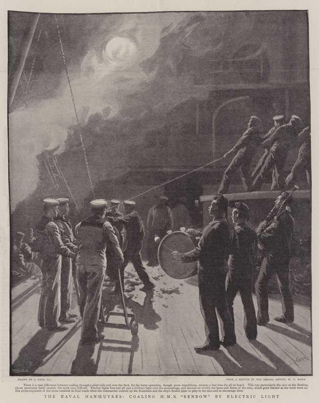 Námořní manévry, zauhlování HMS Benbow elektrickým světlem od Joseph Nash