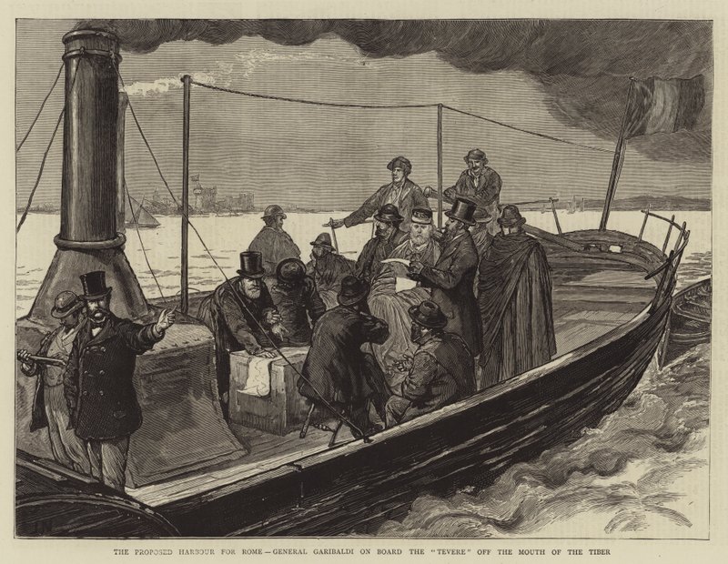 Navrhovaný přístav pro Řím, generál Garibaldi na palubě Tevere u ústí Tibery od Joseph Nash