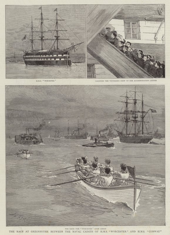 Závod v Greenhithe mezi námořními kadety z HMS Worcester a HMS Conway od Joseph Nash