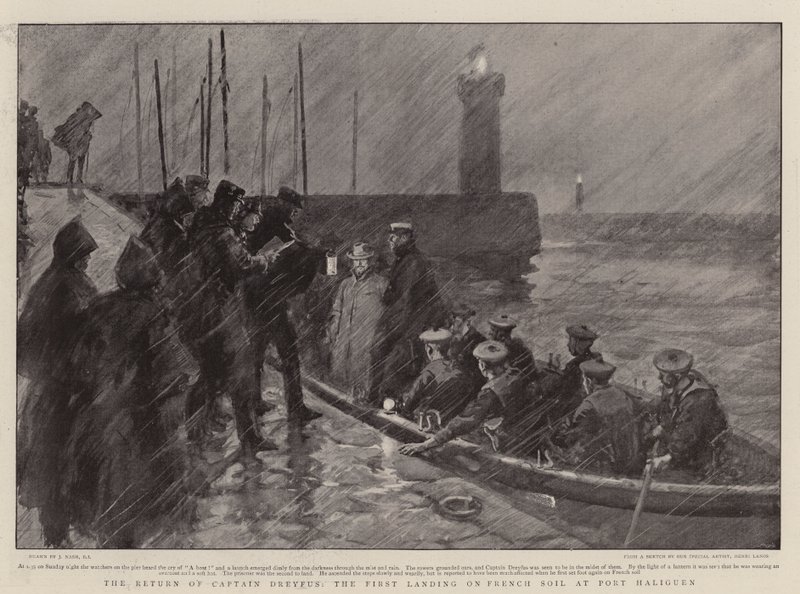 Návrat kapitána Dreyfuse, první vylodění na francouzské půdě v Port Haliguen od Joseph Nash