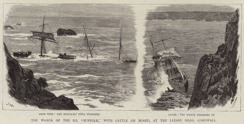 Vrak lodi SS Suffolk s dobytkem na palubě, v Lizard Head, Cornwall od Joseph Nash