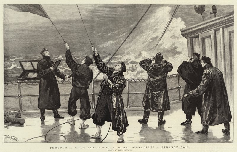 Prostřednictvím Head Sea, HMS Aurora signalizuje Strange Sail od Joseph Nash