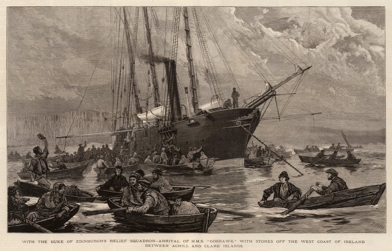 S pomocnou eskadrou vévody z Edinburghu, přílet HMS Goshawk s Stores u západního pobřeží Irska mezi ostrovy Achill a Clare od Joseph Nash