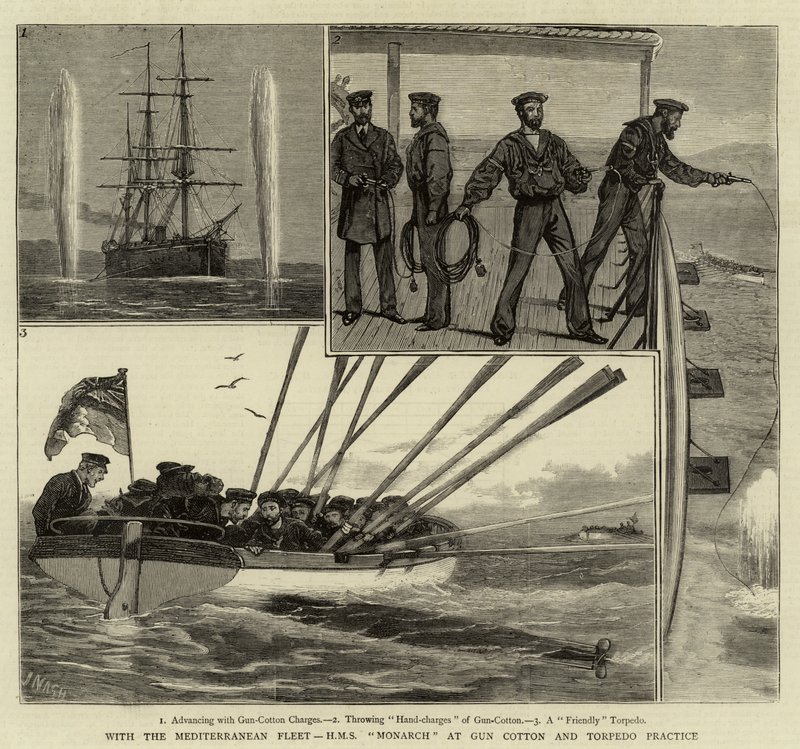 Se Středomořskou flotilou, HM Monarch at Gun Cotton and Torpedo Practice od Joseph Nash