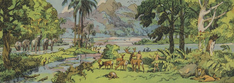 Adam a Eva, Rajská zahrada (barevná litografie) od Joseph Porphyre Pinchon