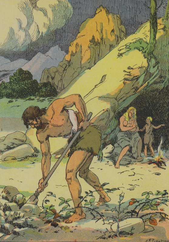 Adam obdělávající půdu po vyhnání z rajské zahrady (barevná litografie) od Joseph Porphyre Pinchon