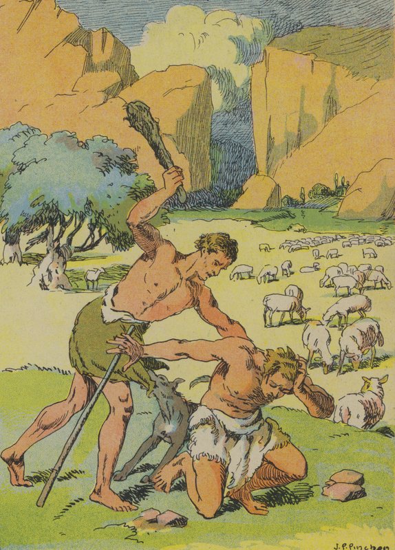 Kain vraždí Ábela (barevná litografie) od Joseph Porphyre Pinchon