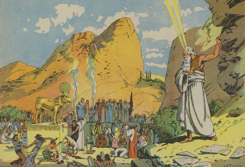 Mojžíš a zlaté tele (barevná litografie) od Joseph Porphyre Pinchon