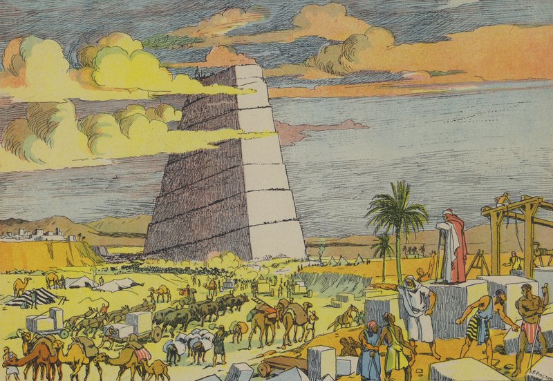 Babylonská věž (barevná litografie) od Joseph Porphyre Pinchon