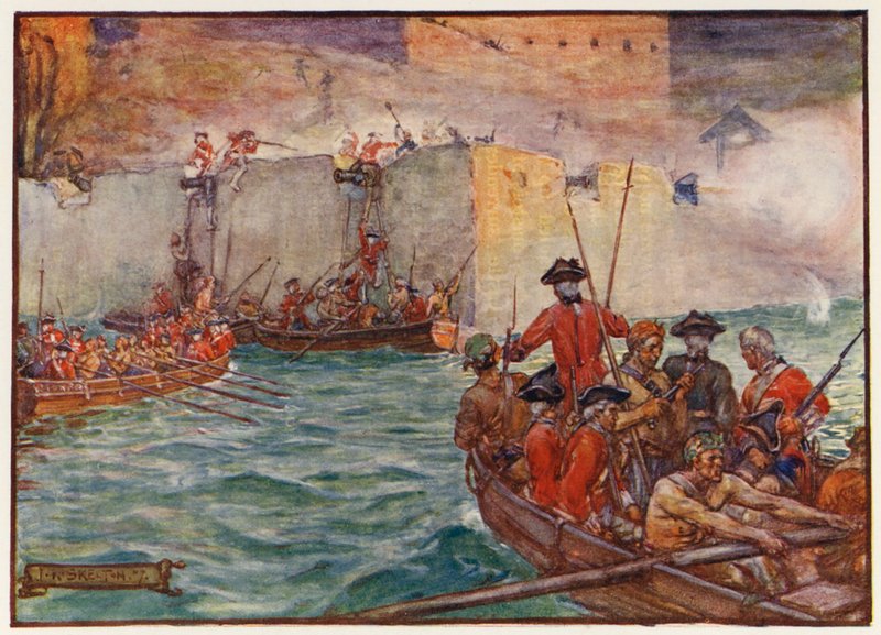 Admirál Edward Vernon vede útok během války o Jenkinsovo ucho (barevná litografie) od Joseph Ratcliffe (after) Skelton