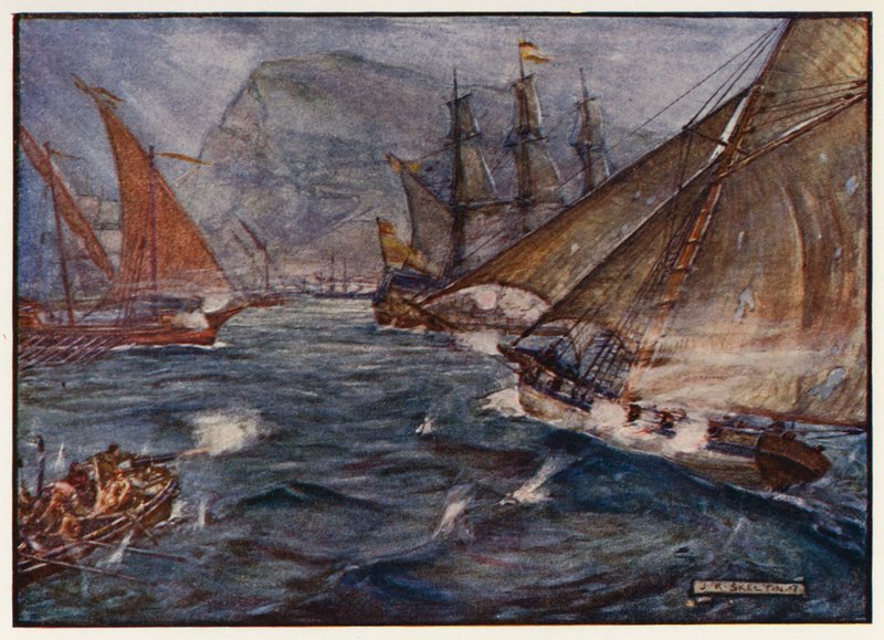 Britský kutr Buck se vyhýbá španělské blokádě Gibraltaru od Joseph Ratcliffe (after) Skelton