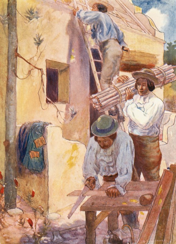 Hugenoti staví své usedlosti (barevná litografie) od Joseph Ratcliffe (after) Skelton