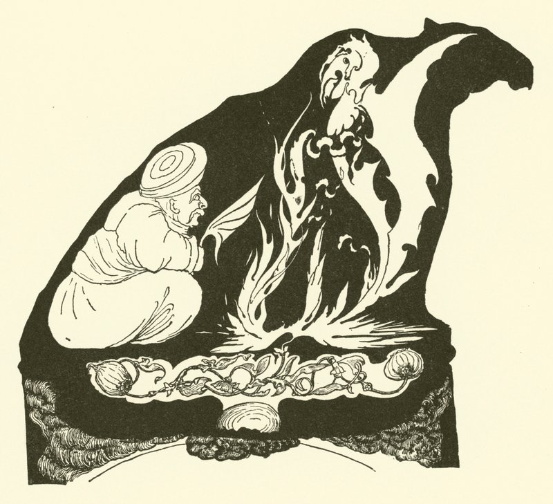Djinn tvoří počátky magie, která přivedla Humpha k velbloudovi (rytina) od Joseph Rudyard (after) Kipling