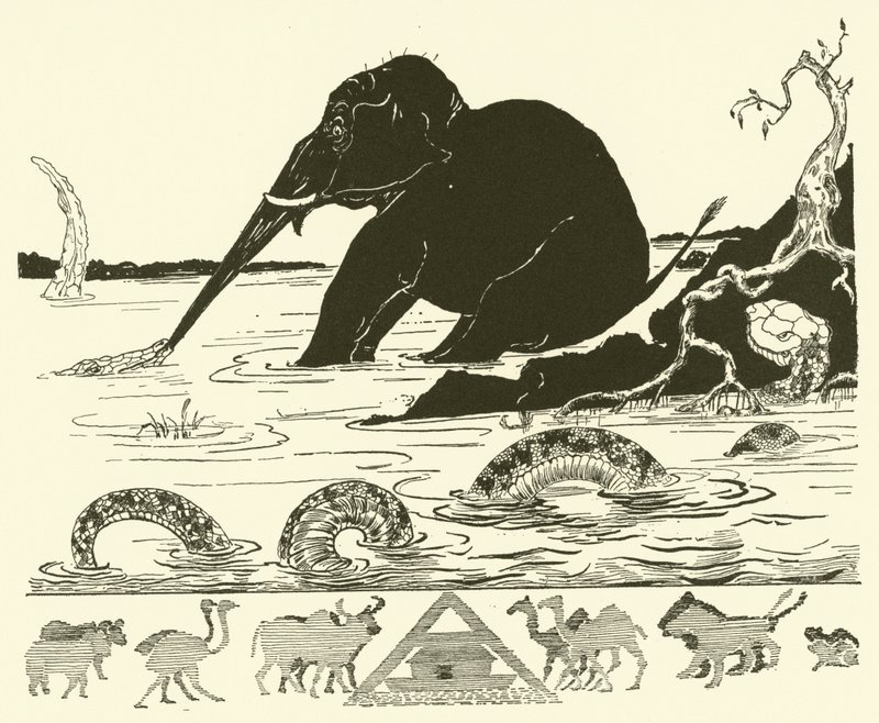 Sloní dítě, kterému krokodýl tahá nos (rytina) od Joseph Rudyard (after) Kipling