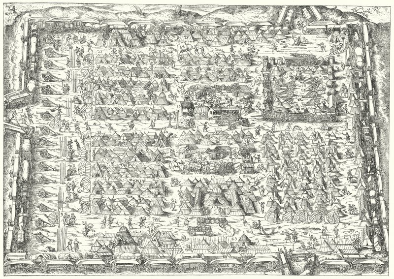 Vojenské ležení v 16. století (rytina) od Jost (after) Amman