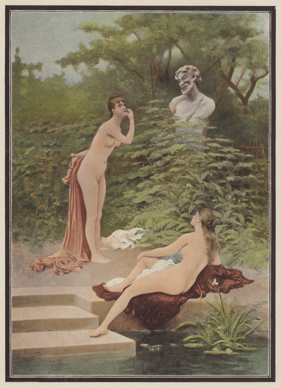 Výsměch, koupání žen (barva litho) od Jules (after) Scalbert