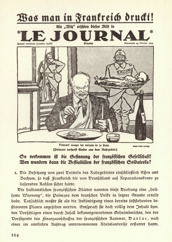 Německá propaganda zobrazující titulní stranu francouzských novin s karikaturou zobrazující premiéra Raymonda Poincareho, jak pojídá děti z Porúří během francouzské okupace regionu od Jules Abel Faivre