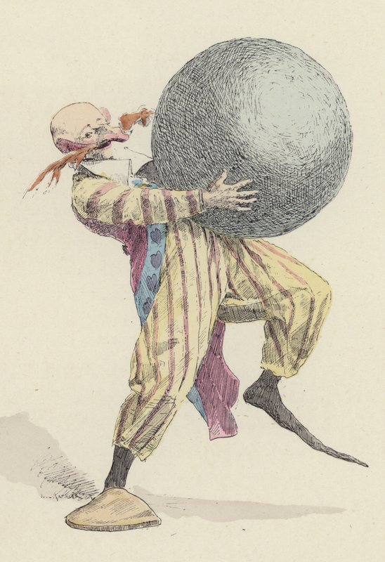 Klaun drží velký míč (barva litho) od Jules Arsene (after) Garnier