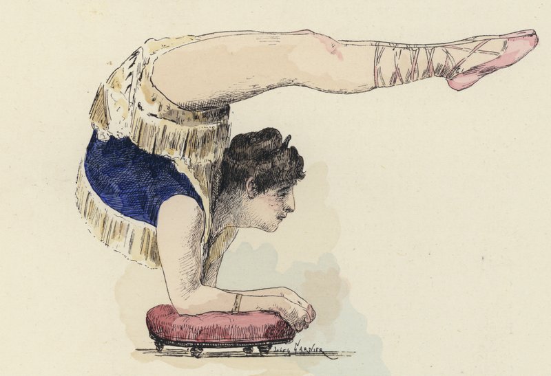 Gymnastka dělá stoj na loktech (barevné lito) od Jules Arsene (after) Garnier