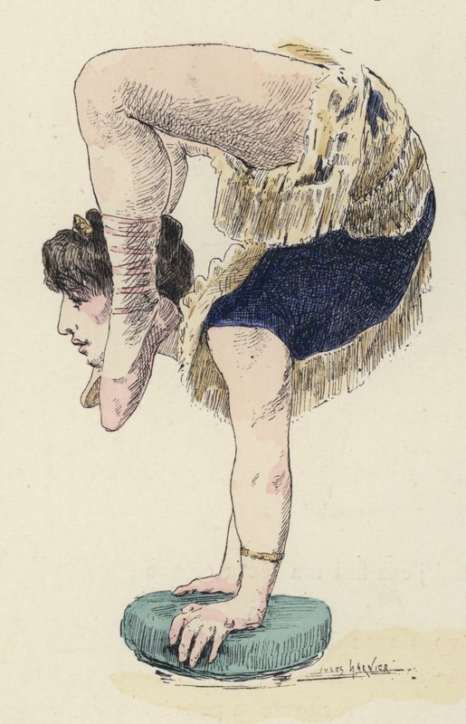 Gymnastka dělá stojku (barevná litho) od Jules Arsene (after) Garnier