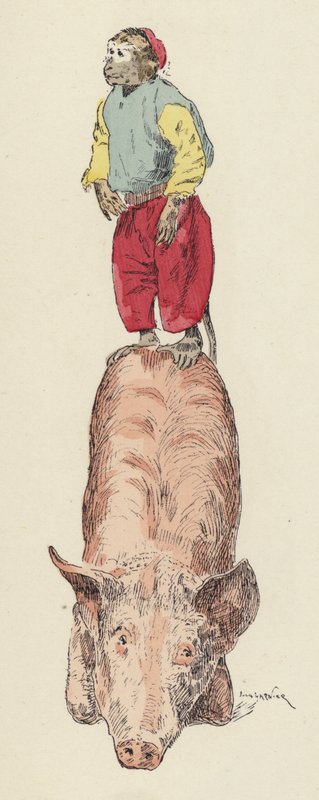 Opice na prasátku (barva litho) od Jules Arsene (after) Garnier