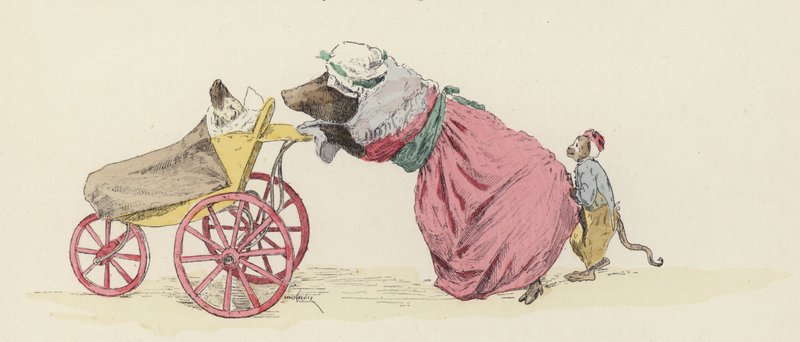 Prase tlačí psa v kočárku, za zády opice (barva litho) od Jules Arsene (after) Garnier