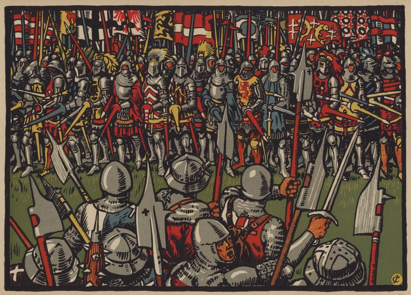 Vítězství Švýcarů nad Rakušany v bitvě u Sempachu, 9. července 1386 (barva litho) od Jules Courvoisier