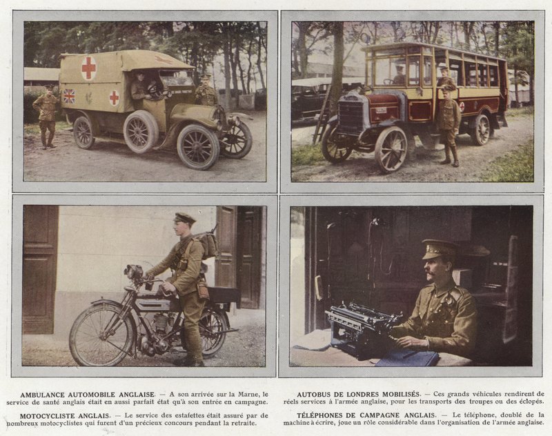 English Motor Ambulance, London Mobilizes Bus, English Motorcycler, English Country Telephones od Jules Gervais Courtellemont