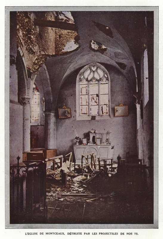 Kostel Montceaux, zničený projektily z č. 75 od Jules Gervais Courtellemont