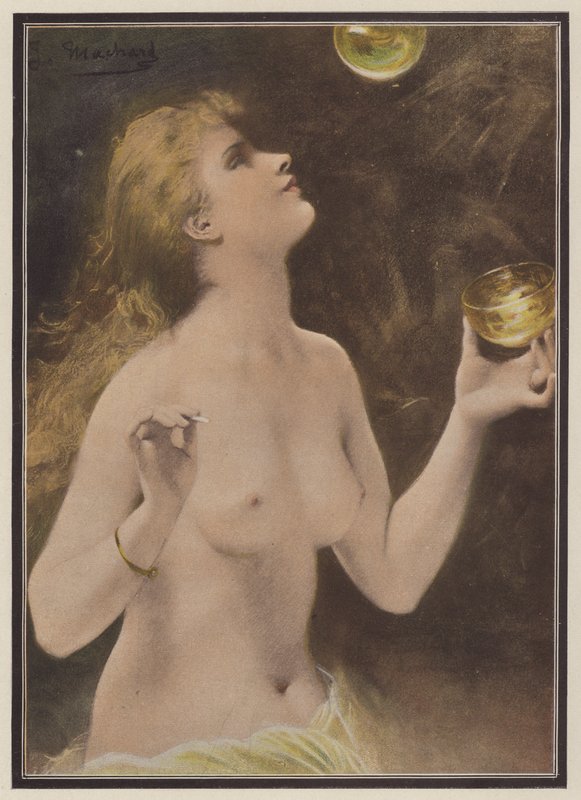 Žena fouká mýdlové bubliny (barva litho) od Jules Louis Machard