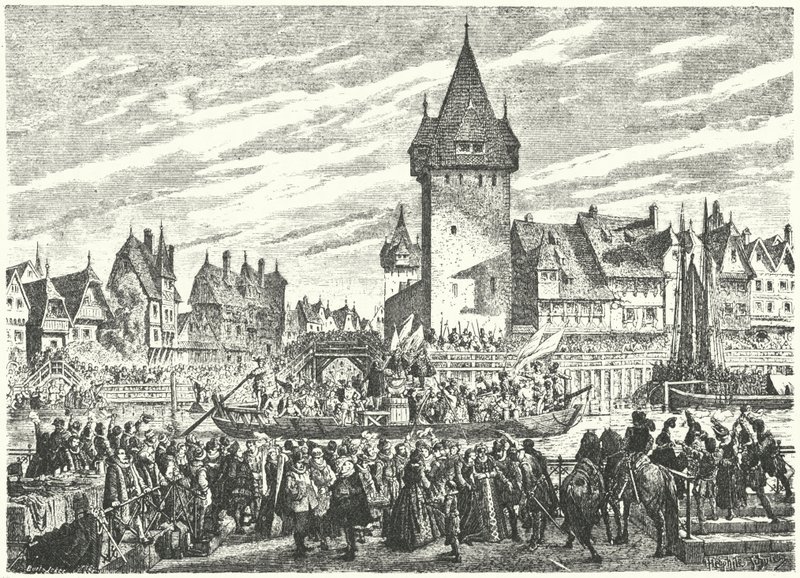 Hirsebreifahrt, přeprava nákladu prosa lodí z Curychu do spojence města, Štrasburku od Jules Theophile (after) Schuler