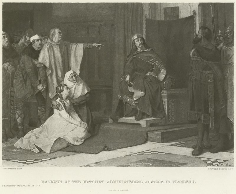 Baldwin of the Hatchet vykonávající spravedlnost ve Flandrech (hlubotisk) od Juliaan de Vriendt